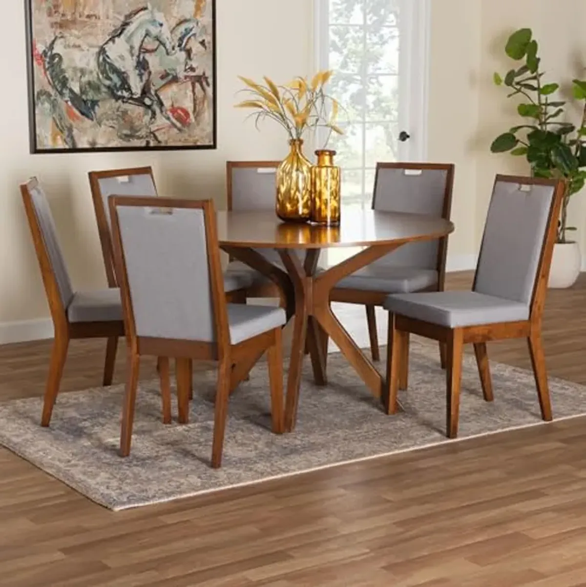 Baxton Studio Eira Modern Grey and Walnut Brown Wood 7-Piece Dining Set