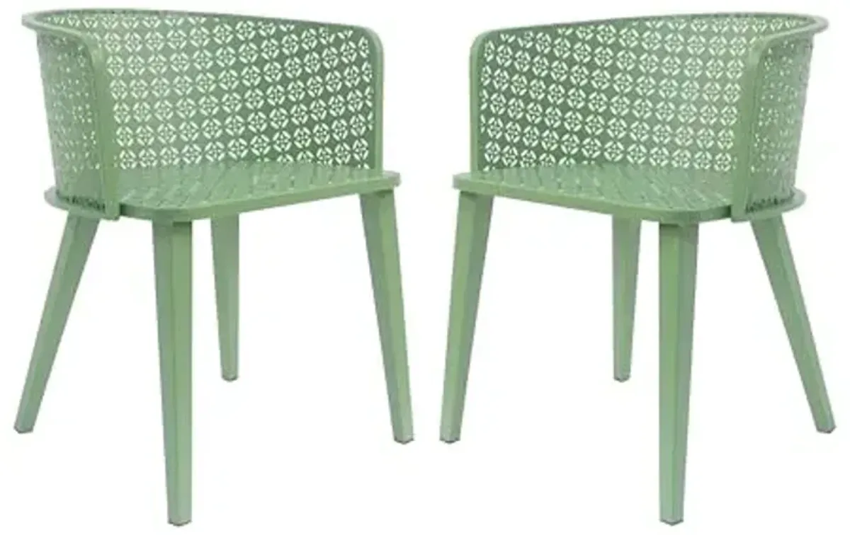 Christopher Knight Home Set of 2 Rivera Patio Iron Dining Chairs, Geometric-Carved Pattern Round Backrest, Armchair for Kitchen, Restaurant, Garden, Balcony, Porch, Backyard, Poolside, Matte Green