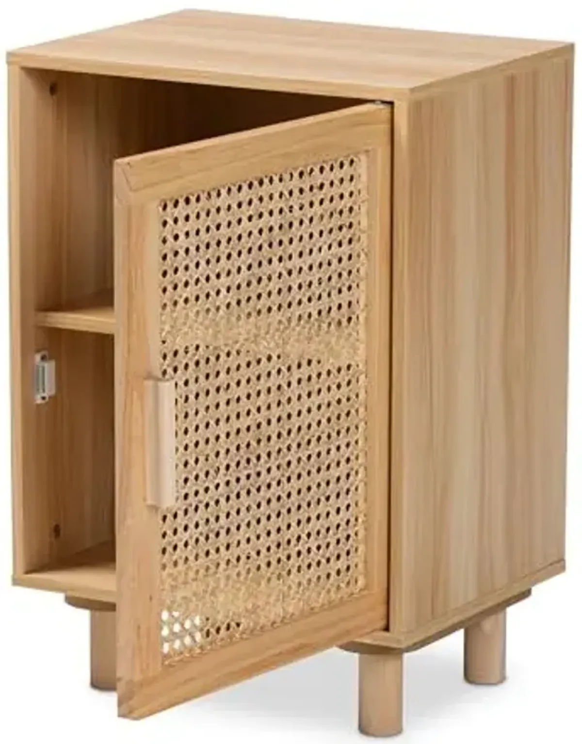 Baxton Studio Maclean Mid-Century Modern Rattan and Natural Brown Finished Wood 1-Door End Table