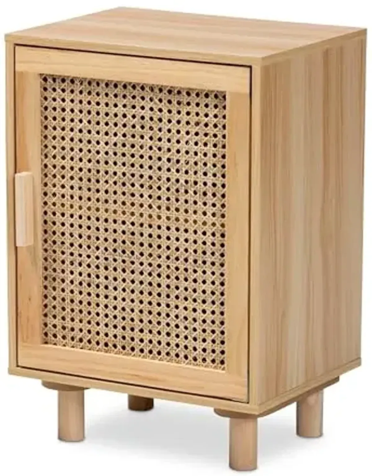 Baxton Studio Maclean Mid-Century Modern Rattan and Natural Brown Finished Wood 1-Door End Table