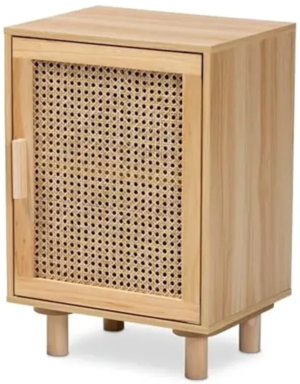 Baxton Studio Maclean Mid-Century Modern Rattan and Natural Brown Finished Wood 1-Door End Table
