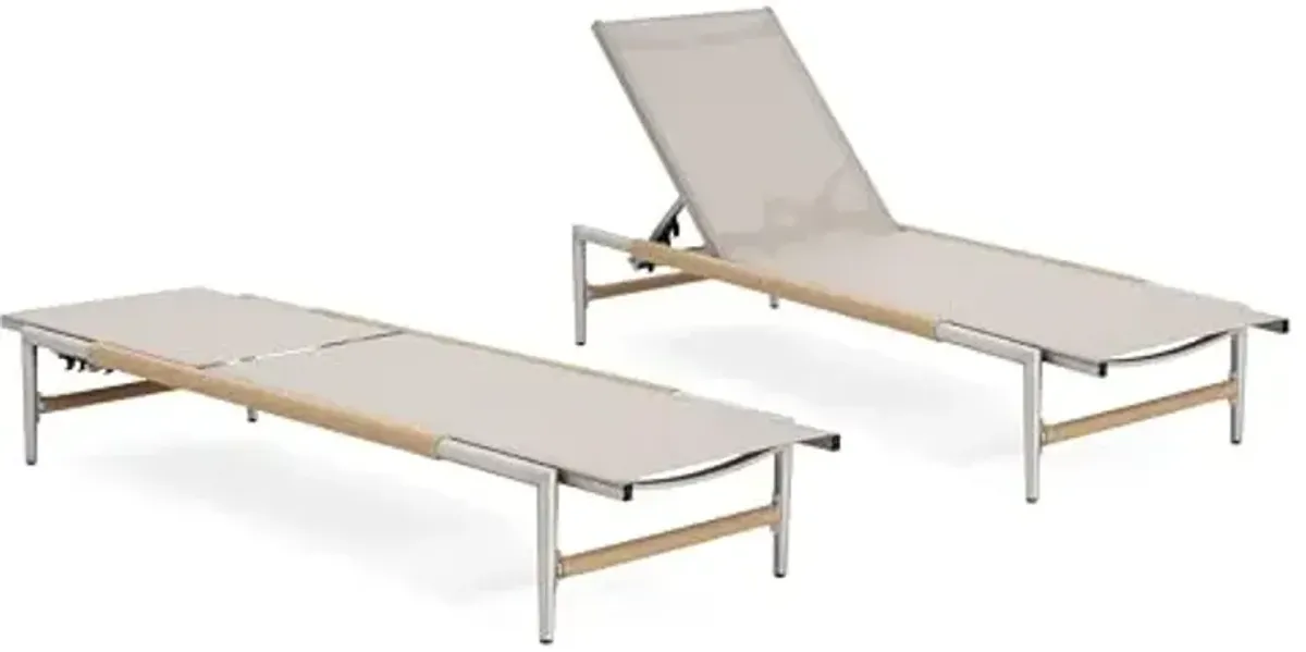 Christopher Knight Home Set of 2 Hargrove Patio Garden Chaise Lounges, Aluminum Frame, Mesh Seating and Rope-Wrapped Legs, 5-Position Adjustable Backrest, Outdoor Relaxation, Poolside, Natural+Silver