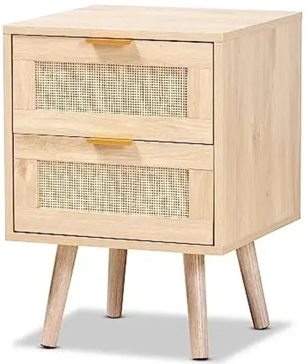 Baxton Studio Baird Mid-Century Modern Light Oak Brown Finished Wood and Rattan 2-Drawer End Table