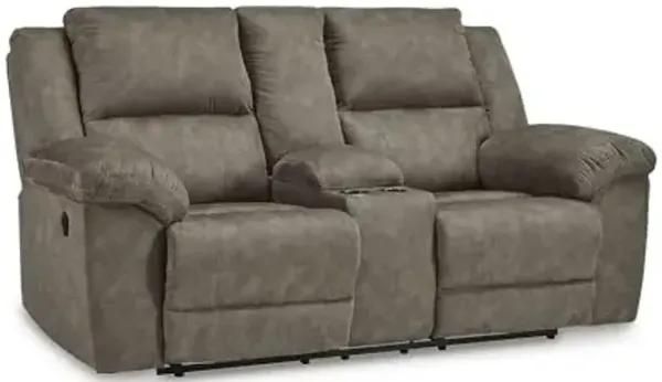Signature Design by Ashley Laresview Contemporary Faux Leather Manual Double Reclining Loveseat with Console, Storage and Cup Holders, Gray