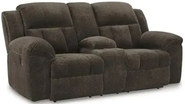 Signature Design by Ashley Frohn Modern Manual Double Reclining Loveseat with Console, Storage and Cup Holders, Dark Brown