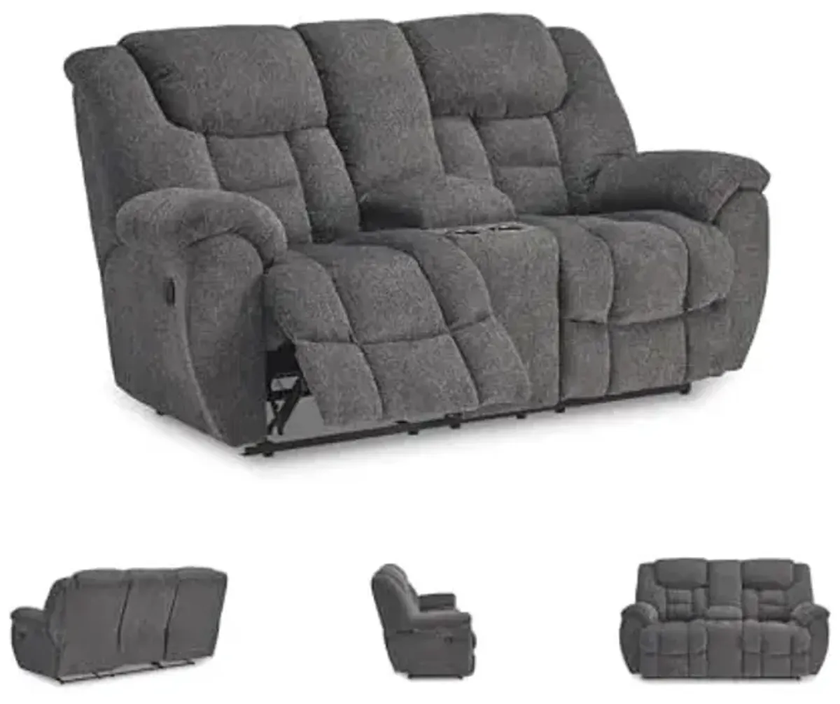 Signature Design by Ashley Foreside Contemporary Stain Resistant Manual Double Reclining Loveseat with Console, Storage and Cup Holders, Gray