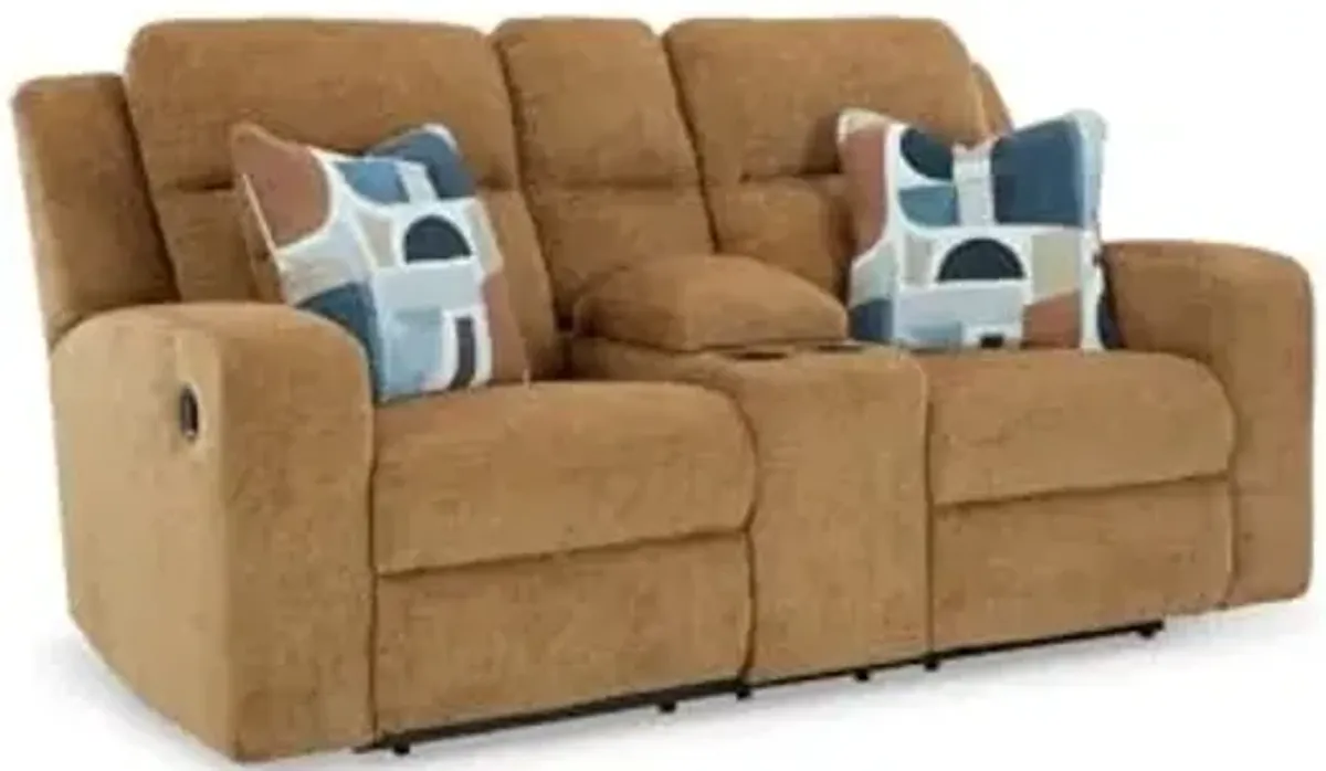 Signature Design by Ashley Kanlow Contemporary Manual Double Reclining Loveseat with Console, Storage, Cup Holders and 2 Accent Pillows, Light Brown