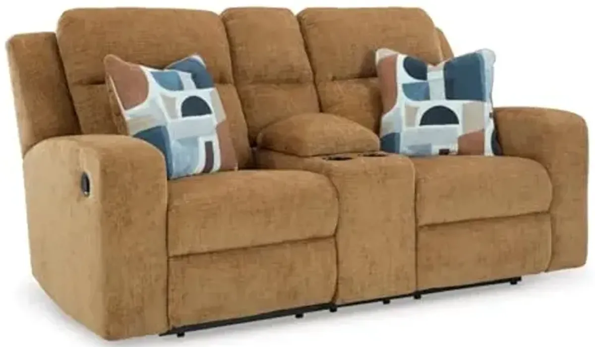 Signature Design by Ashley Kanlow Contemporary Manual Double Reclining Loveseat with Console, Storage, Cup Holders and 2 Accent Pillows, Light Brown
