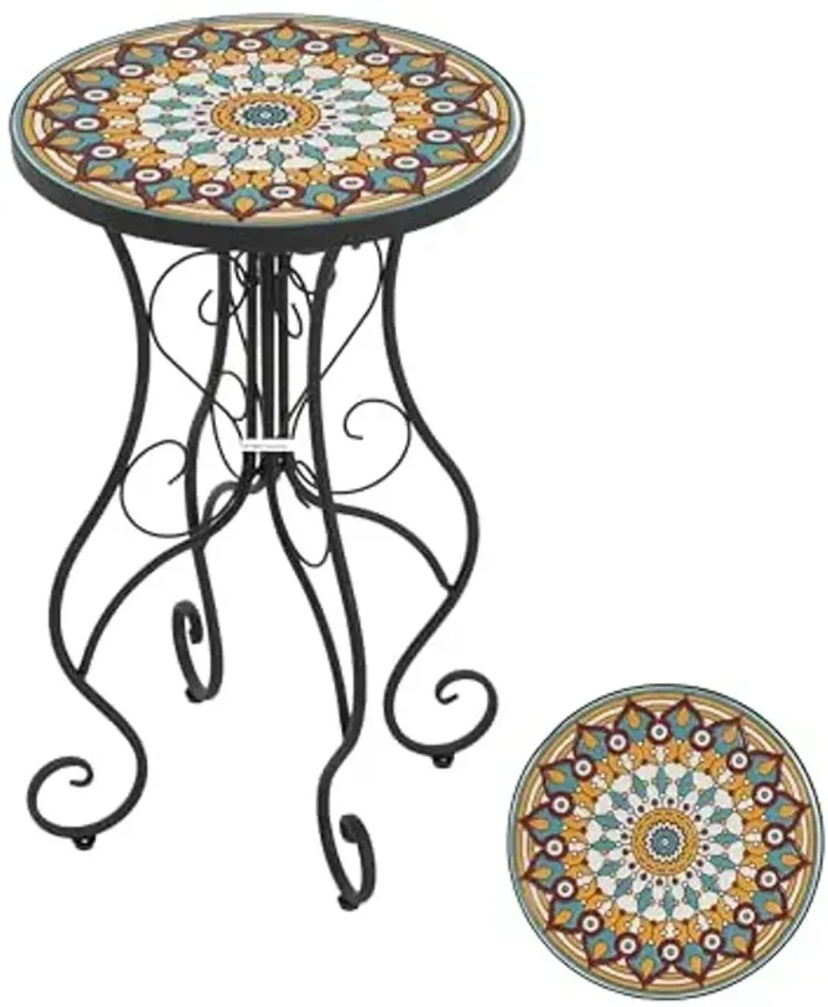 Christopher Knight Home Glady Outdoor Round Side Table, Patio Bistro Table with Ceramic Top and Metal Frame, Small Decorative Accent Table for Patio Garden Porch Balcony, Mandala
