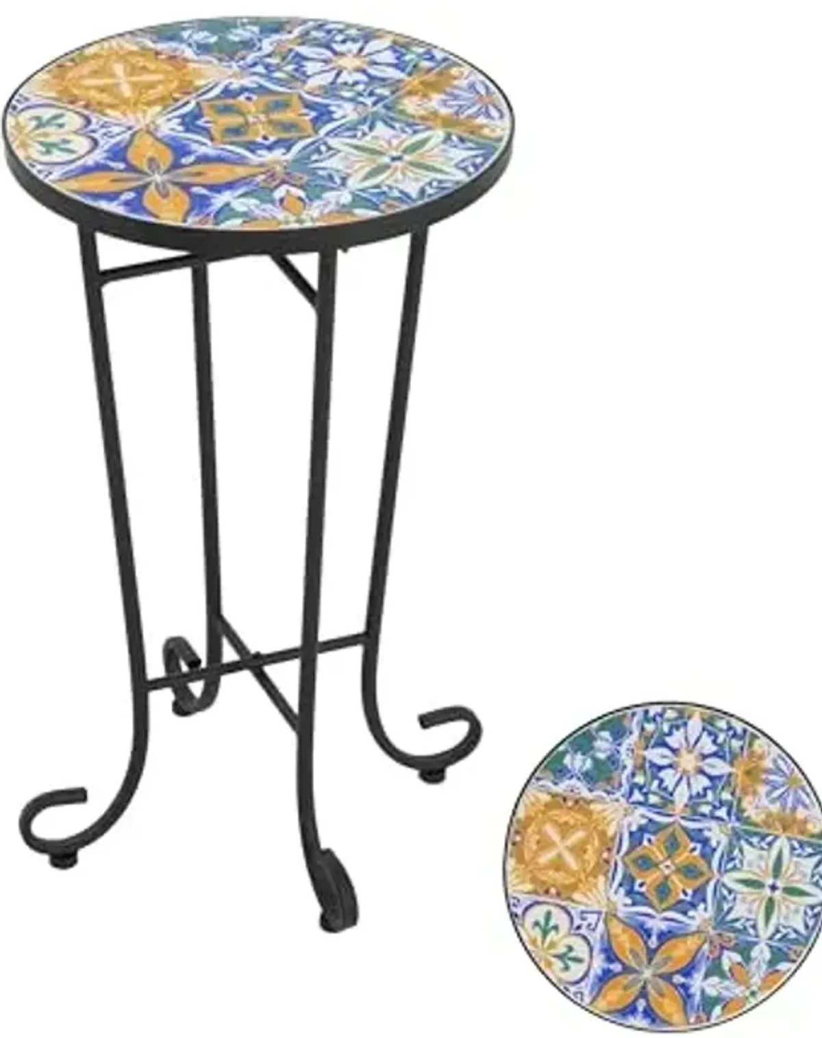 Christopher Knight Home Glady Outdoor Round Side Table, Patio Bistro Table with Ceramic Top and Metal Frame, Small Decorative Accent Table for Patio Garden Porch Balcony, Geometric