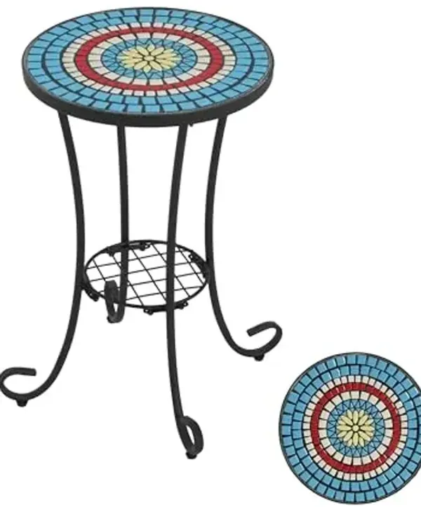 Christopher Knight Home Glady Outdoor Round Side Table, Patio End Table with Ceramic Top and Metal Frame, Small Decorative Accent Table for Patio Garden Porch Balcony, Mosaic