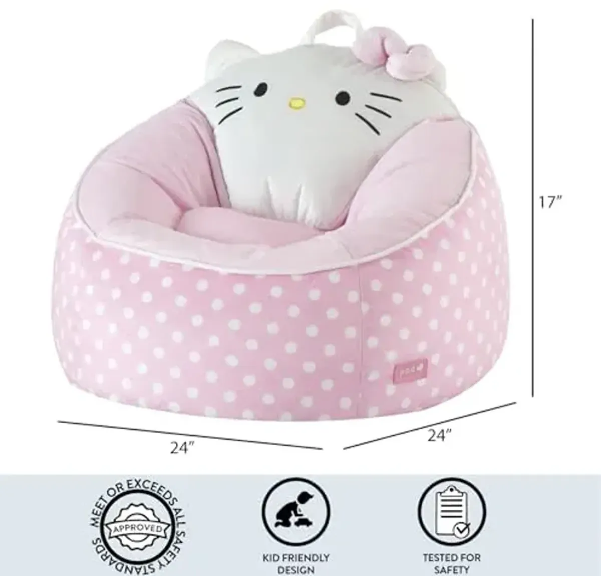 Idea Nuova Sanrio Hello Kitty Bean Bag Chair for Kids,Figural Hillside Design by pod, Soft & Durable Fabric, 24x24x17, Comfy Seat for Bedrooms & Playrooms