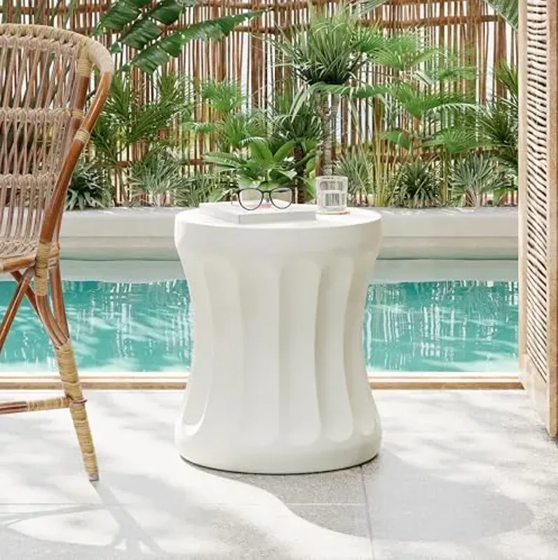 Christopher Knight Home Earleant Outdoor Side Table, Lightweight Concrete Garden Stool with Round top and Cinched Waist, Decorative Accent Table Patio End Table for Balcony Beach Pool, Antique White
