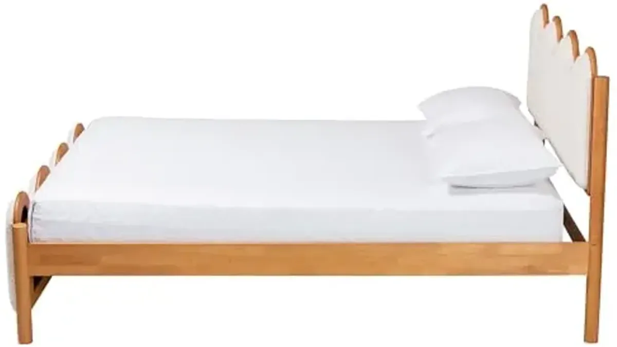 Baxton Studio Lilia Boucle Platform Bed with Scalloped Edges, Queen, Cream/Oak Brown