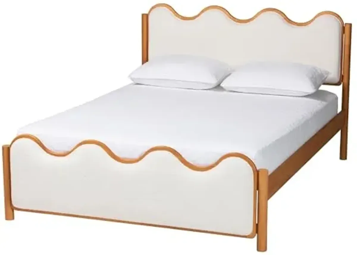 Baxton Studio Lilia Boucle Platform Bed with Scalloped Edges, Queen, Cream/Oak Brown