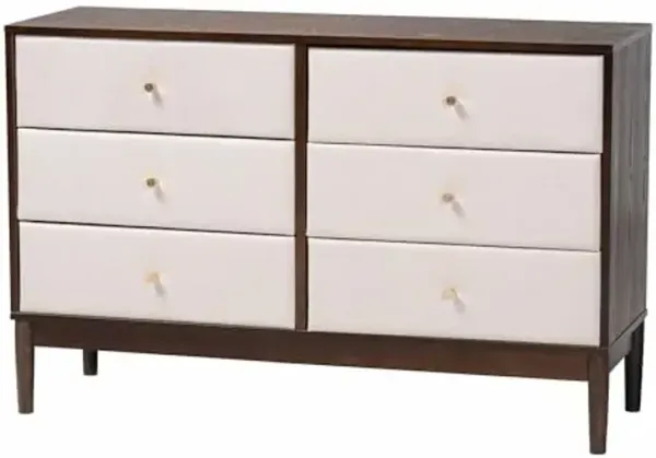 Baxton Studio Nikolai Upholstered Dresser, 6-Drawer, Beige/Wenge Brown