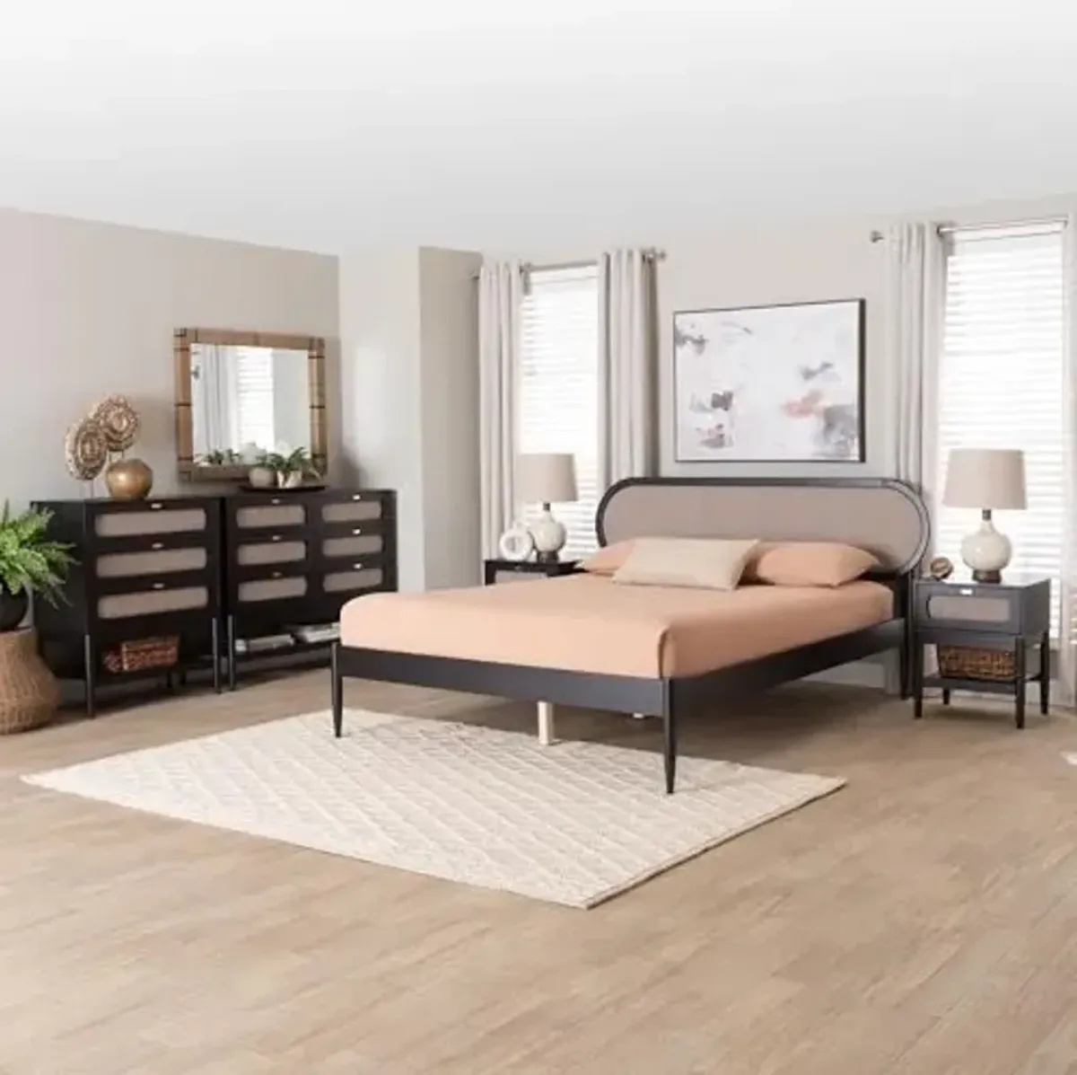 Baxton Studio Shirin 5-Piece Bedroom Set with 2 Nightstands, Queen, Beige/Black