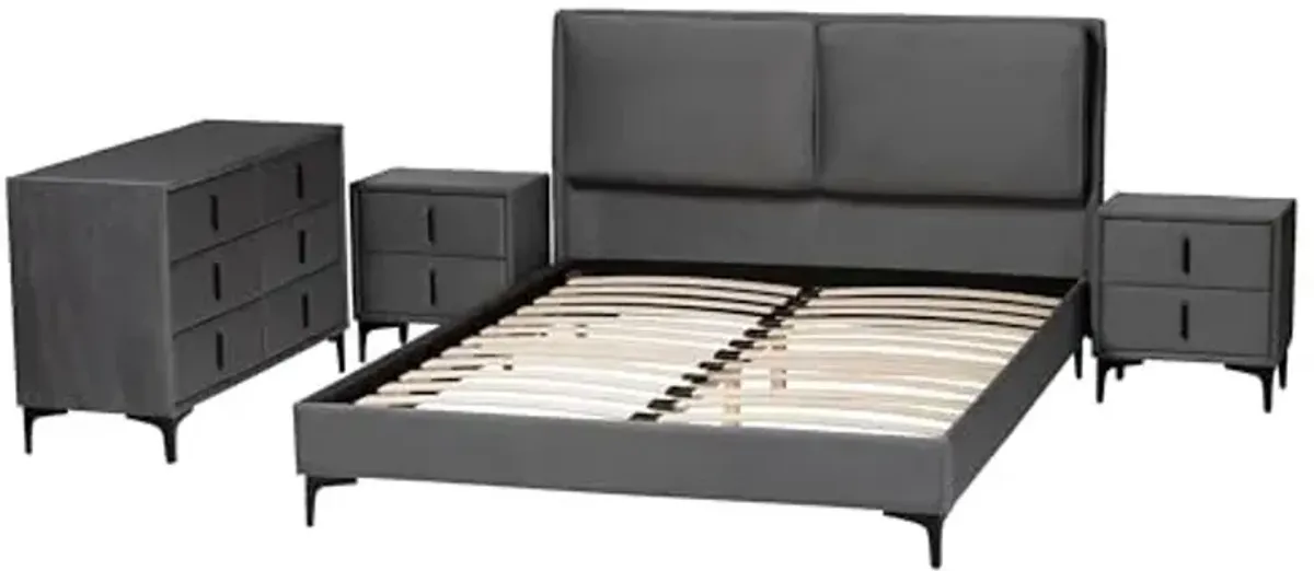 Baxton Studio Etienne Modern Slate Gray Velvet Queen 4-Piece Bedroom Set
