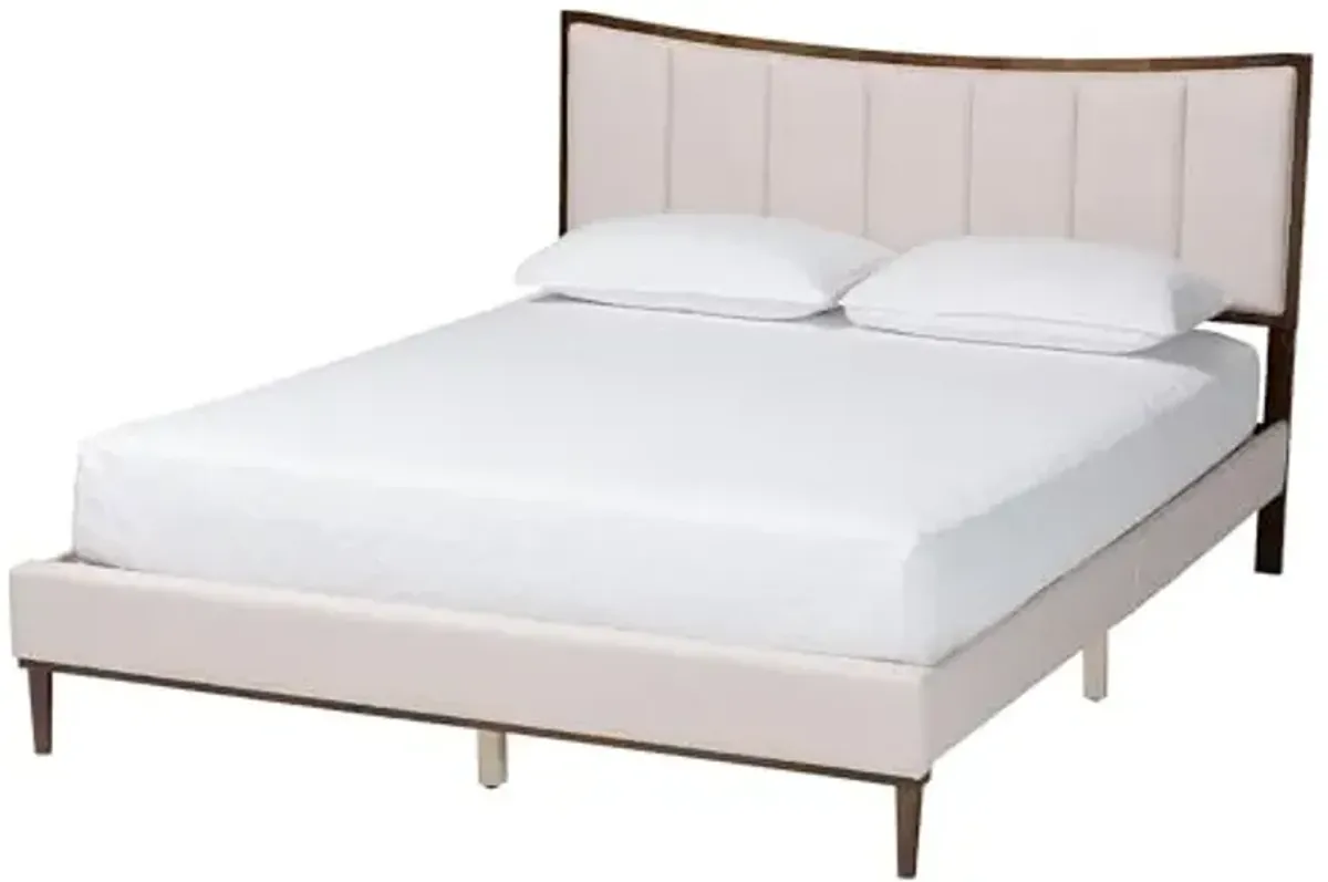 Baxton Studio Nikolai Mid-Century Channel Tufted Beige Fabric and Wenge Brown Wood Queen Bed