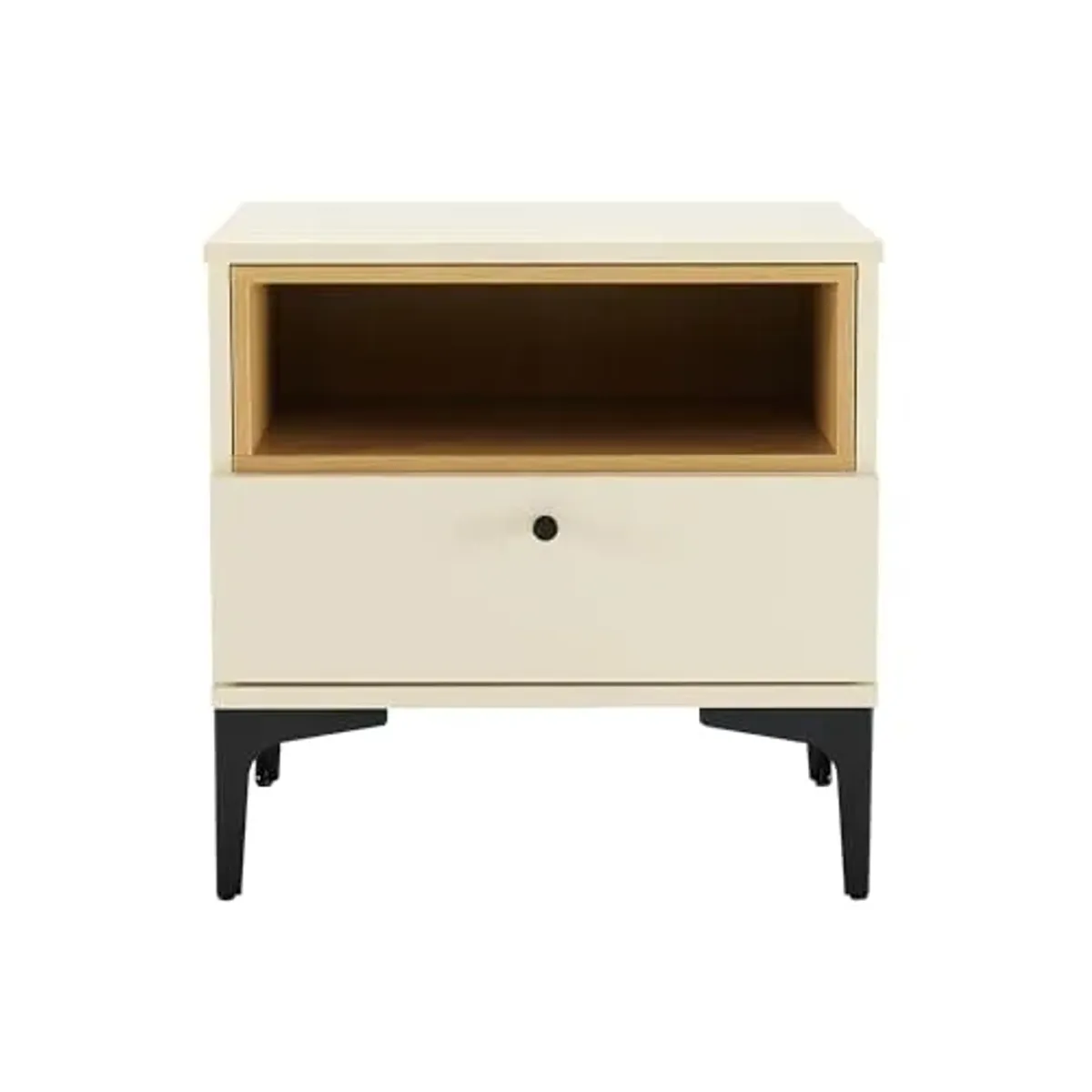 Manhattan Comfort Amara Nightstand with Drawer and Open Cubby, Decorative Accent Table with Metal Legs, Small Bedside Table or Side Table with Storage for Bedroom or Office in Cream and Natural Oak
