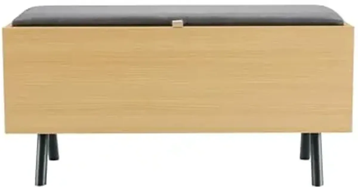 Manhattan Comfort Paloma Shoe Storage Bench for Entryway or Front Door Entrance, Upholstered Linen Weave Cushion, Lift-Top Hidden Compartment, Metal Legs, Easy Assembly, Compact Design, Natural Oak