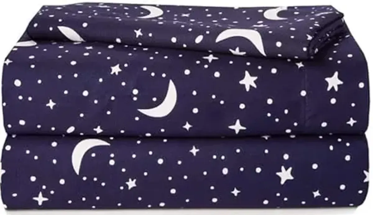 Heritage Kids 4 Piece Full Sheet Set,Constellation Outerspace with Moon and Stars Pattern, Cozy and Durable with 2 Pillow Cases, 1 Fitted Sheet, 1 Flat Sheet