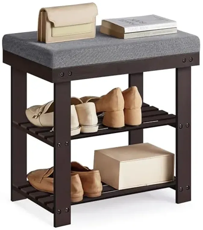 SONGMICS Bamboo Shoe Bench, 3-Tier Shoe Rack Organizer for Entryway, Living Room, Bench Seat Holds Up to 300 lb, 11.9 x 20.5 x 19.2 Inches, Rustic Walnut and Slate Gray ULBS504M01