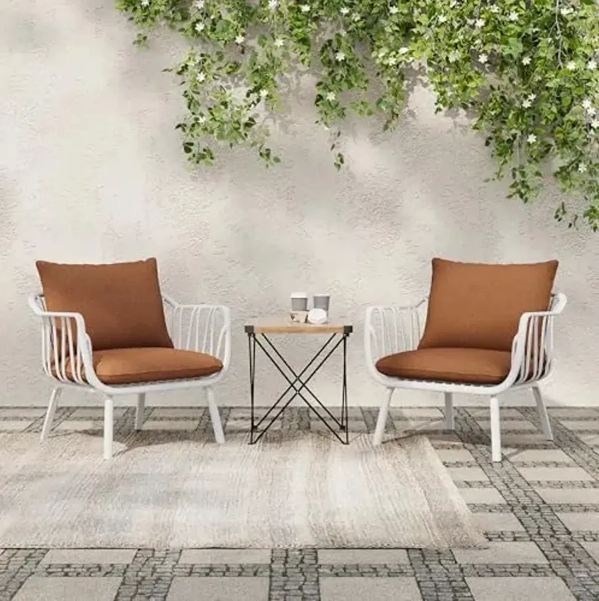 Christopher Knight Home Set of 2 Huron Indoor/Outdoor Polypropylene and Iron Frame Club Chairs, Patio Conversation Seating/Armchair for Garden, Backyard, Poolside, Removable Cushions, White+Brown