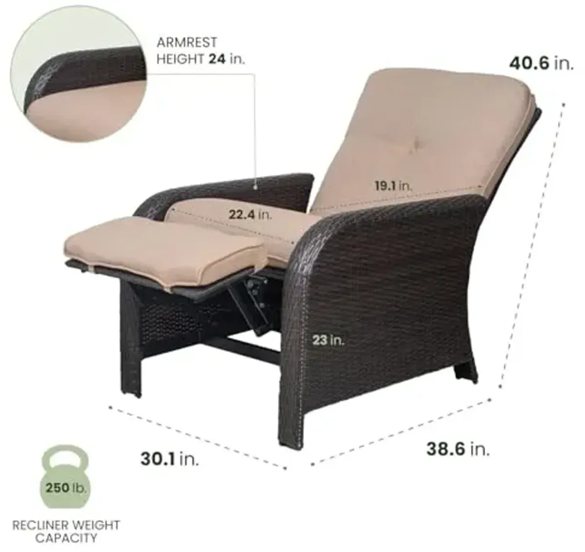 Hanover Strathmere Outdoor Recliner in Tan, Outdoor Recliner Chair for Porch, Deck, Pool, Lounge Chairs for Outside Seating