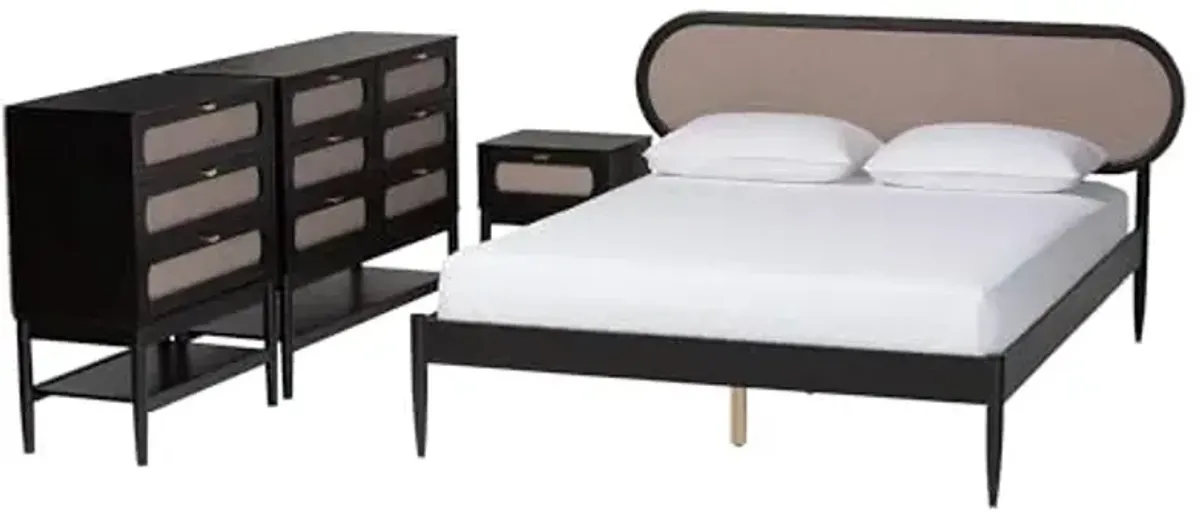 Baxton Studio Shirin Beige Fabric and Black Wood Queen 4-Piece Bedroom Set