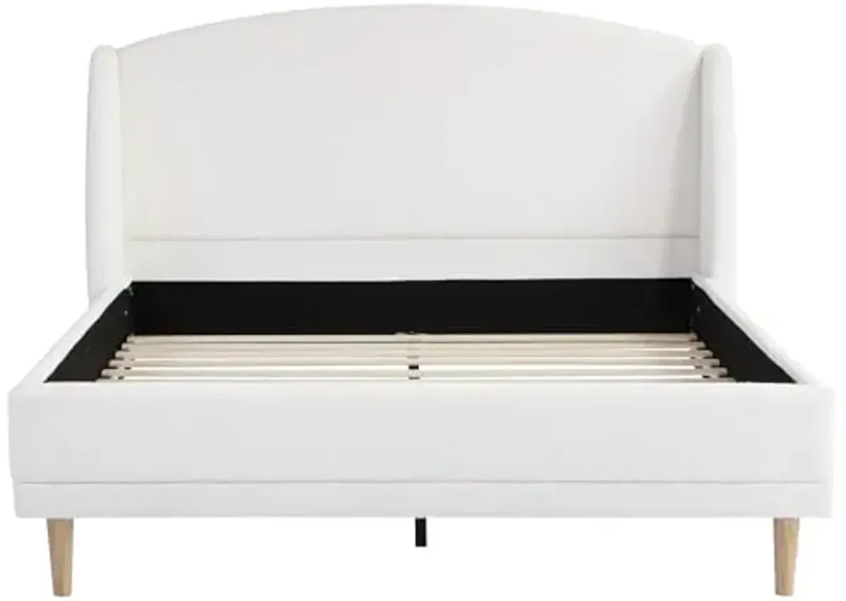 Christopher Knight Home Hazel Queen Size Bed Frame, Upholstered Platform Bed, Soft Boucle Wingback Headboard, Wood Bed Support and Slats, Curved-Shaped Headboard Queen Bed for Adult, 44.50" H White