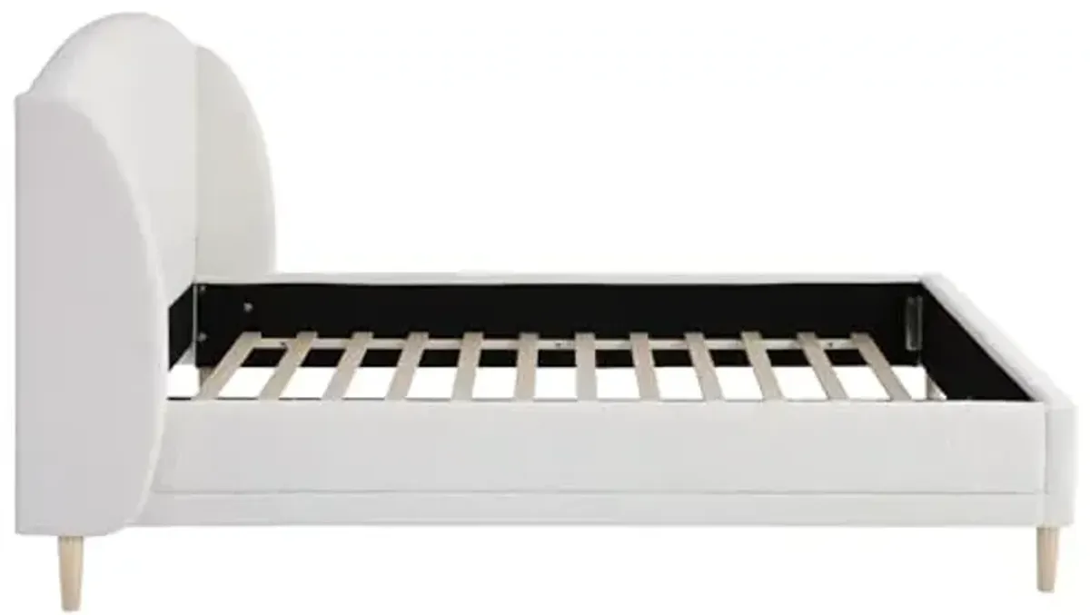 Christopher Knight Home Hazel Queen Size Bed Frame, Upholstered Platform Bed, Soft Boucle Wingback Headboard, Wood Bed Support and Slats, Curved-Shaped Headboard Queen Bed for Adult, 44.50" H White