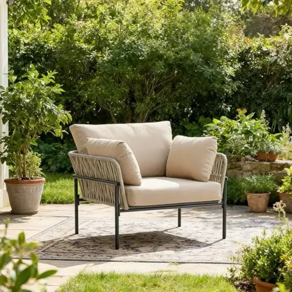 Christopher Knight Home Jaylon Modern Iron Lounge Chair Outdoor, Patio Accent Chair with Rope Weave Design, Patio Furniture Set Single Sofa Chair with Cushions, Comfy Reading Chair, Beige+Grey