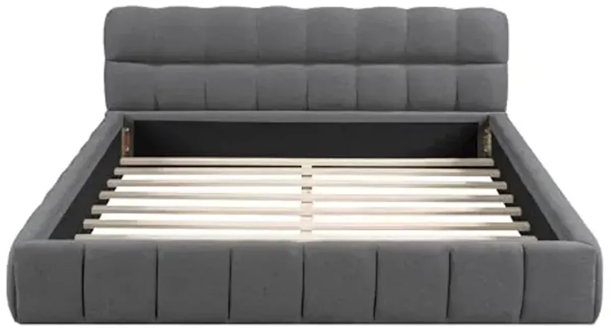 Christopher Knight Home Veatch Queen Size Bed Frame, Upholstered Headboard and Footboard, Wood Slats Panel Support, Square Block Headboard Design, Thick Fabric Grounded Bed No Spring Box Needed, Gray