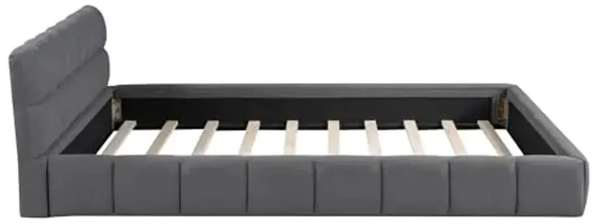 Christopher Knight Home Veatch Queen Size Bed Frame, Upholstered Headboard and Footboard, Wood Slats Panel Support, Square Block Headboard Design, Thick Fabric Grounded Bed No Spring Box Needed, Gray