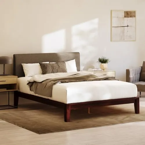 Nectar Bamboo Platform Bed Frame & Upholstered Headboard - Twin XL - Walnut/Slate - Floating Center Support Legs -12” Height - Easy Tool Free Set Up - Sturdy Wooden Support Slats - Holds Up To 500 lbs