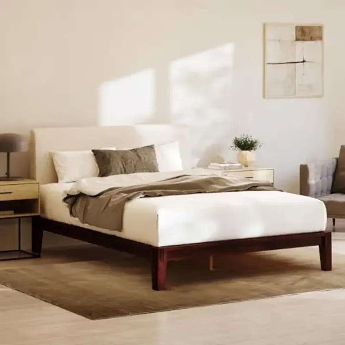 Nectar Bamboo Platform Bed Frame & Upholstered Headboard - Twin XL - Walnut/Linen - Floating Center Support Legs - 12” Height - Easy Tool Free Set Up - Sturdy Wooden Slats - Holds Up To 500 lbs