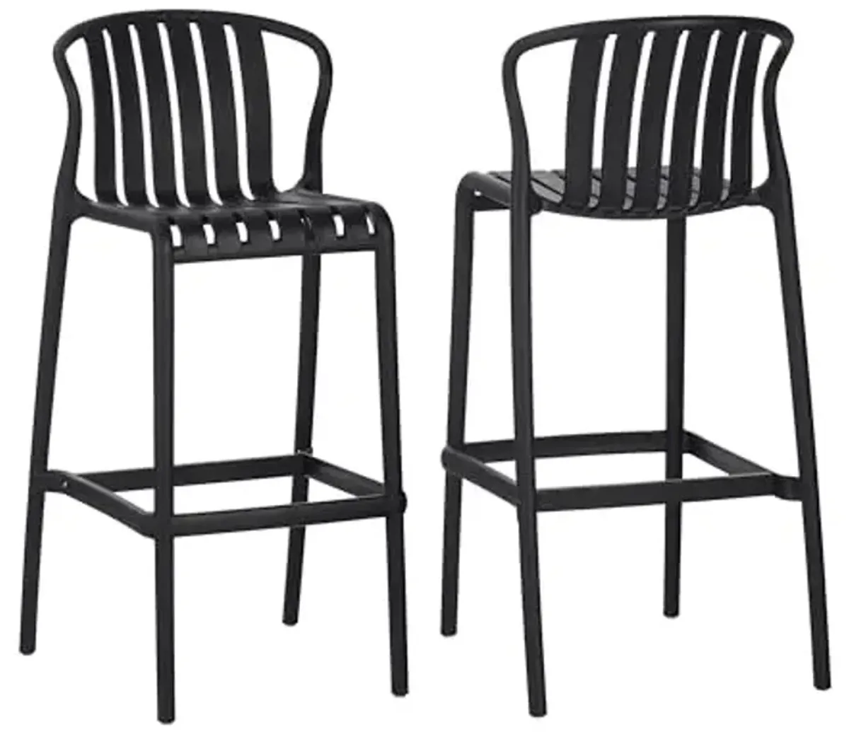 Christopher Knight Home Lenno Outdoor Plastic Bar Stools Set of 2, Patio Bar Chair with Stylish Perforated Slat Back Design, Comfortable Lightweight Seating for Backyard or Terrace, Black