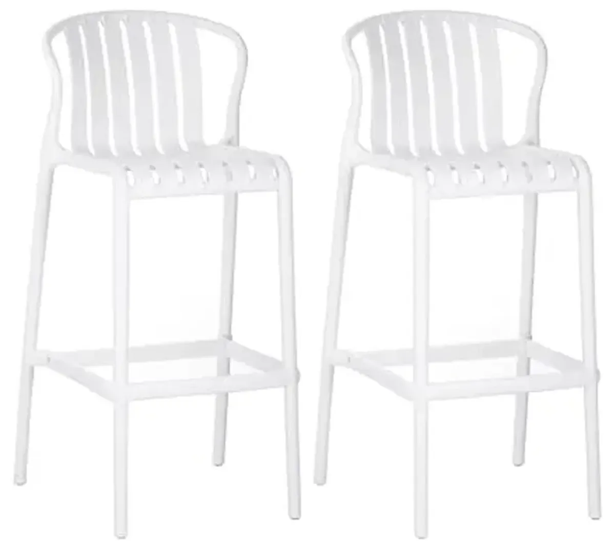 Christopher Knight Home Lenno Outdoor Plastic Bar Stools Set of 2, Patio Bar Chair with Stylish Perforated Slat Back Design, Comfortable Lightweight Seating for Backyard or Terrace, White