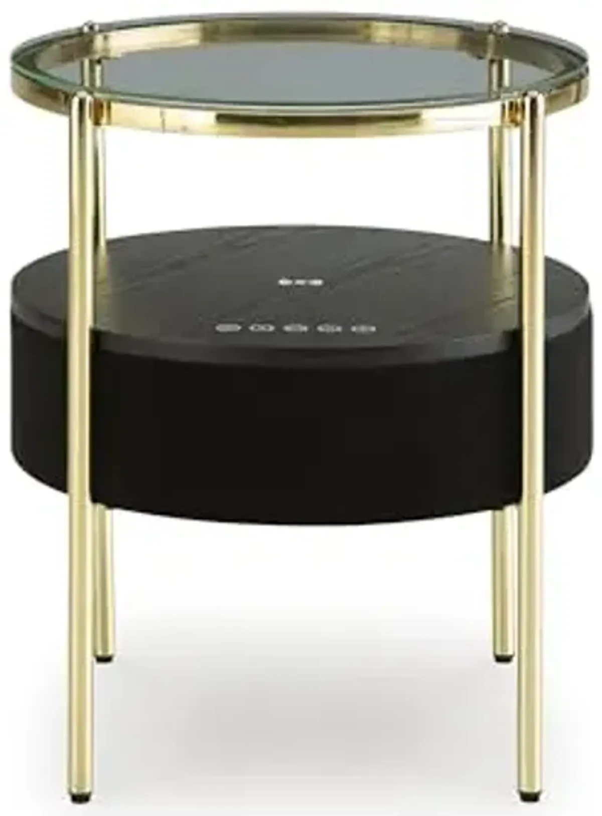 Signature Design by Ashley Nedman Modern Tempered Glass Tabletop Accent Table with Speaker, Shelf, USB and Qi Wireless Charging Options, Black & Metallic