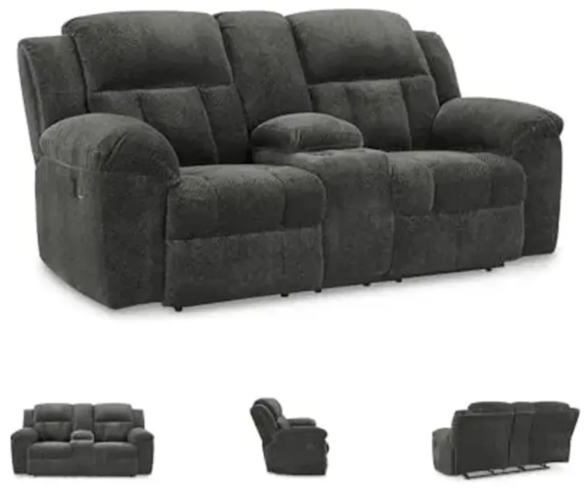 Signature Design by Ashley Frohn Contemporary Manual Reclining Loveseat with Console with Console, Storage and Cup Holders, Gray
