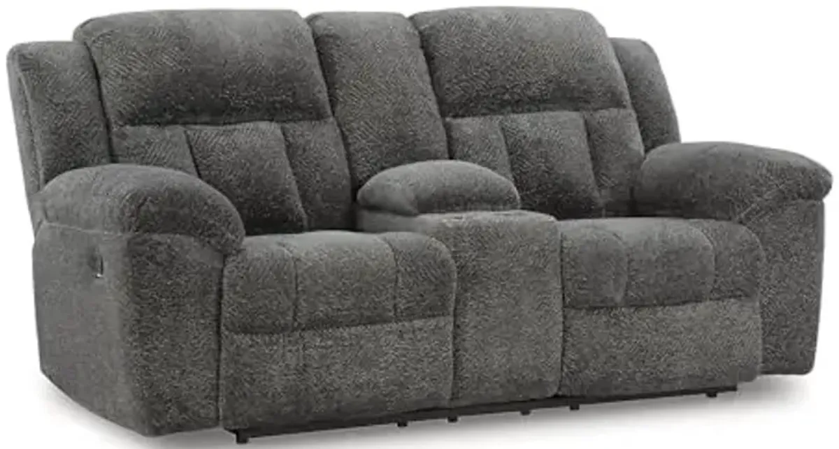 Signature Design by Ashley Frohn Contemporary Manual Reclining Loveseat with Console with Console, Storage and Cup Holders, Gray