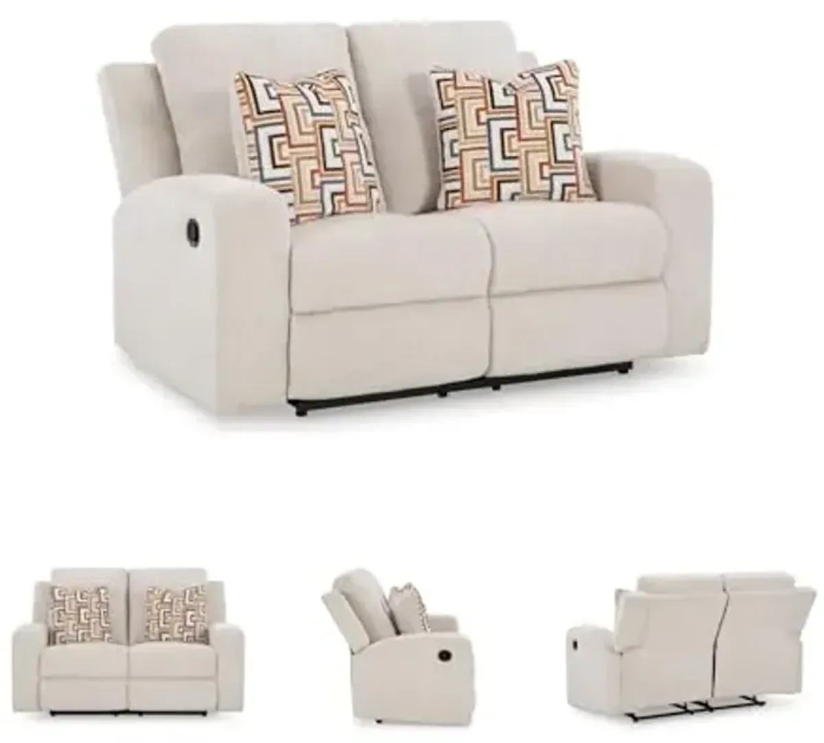 Signature Design by Ashley Danum Modern Tufted Manual Reclining Loveseat with 2 Accent Pillows, Beige