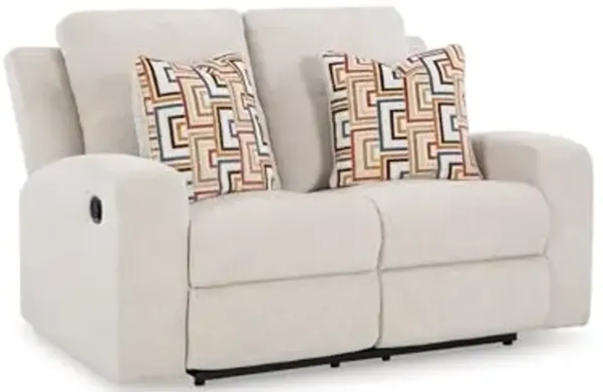 Signature Design by Ashley Danum Modern Tufted Manual Reclining Loveseat with 2 Accent Pillows, Beige