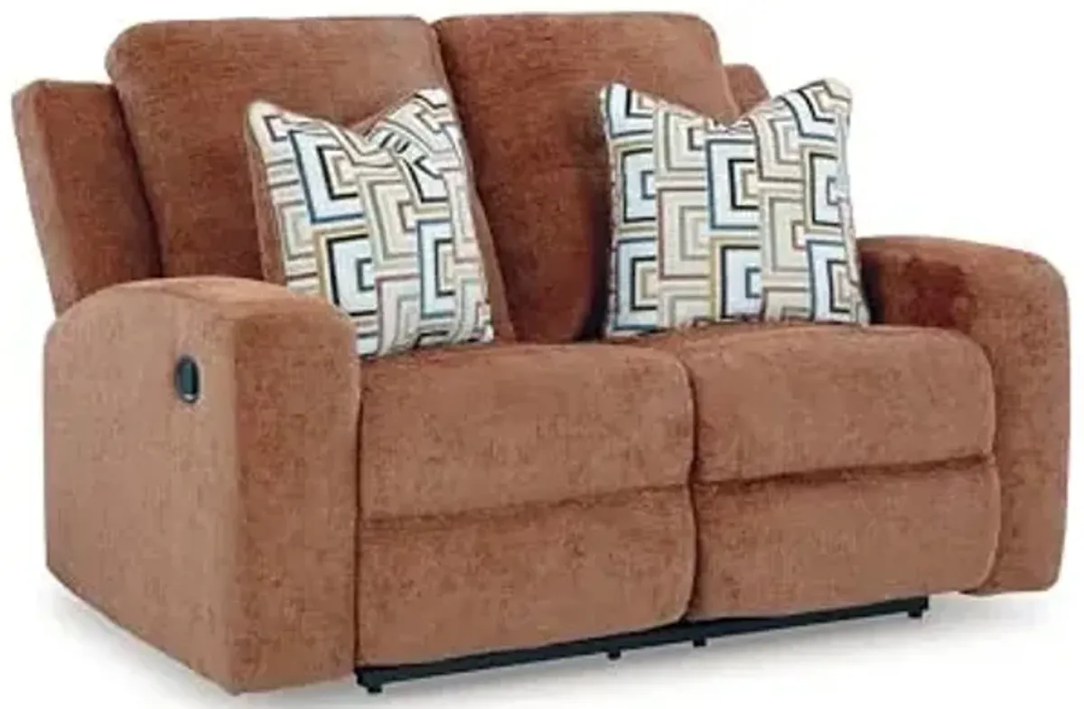 Signature Design by Ashley Danum Contemporary Tufted Manual Reclining Loveseat with 2 Accent Pillows, Orange