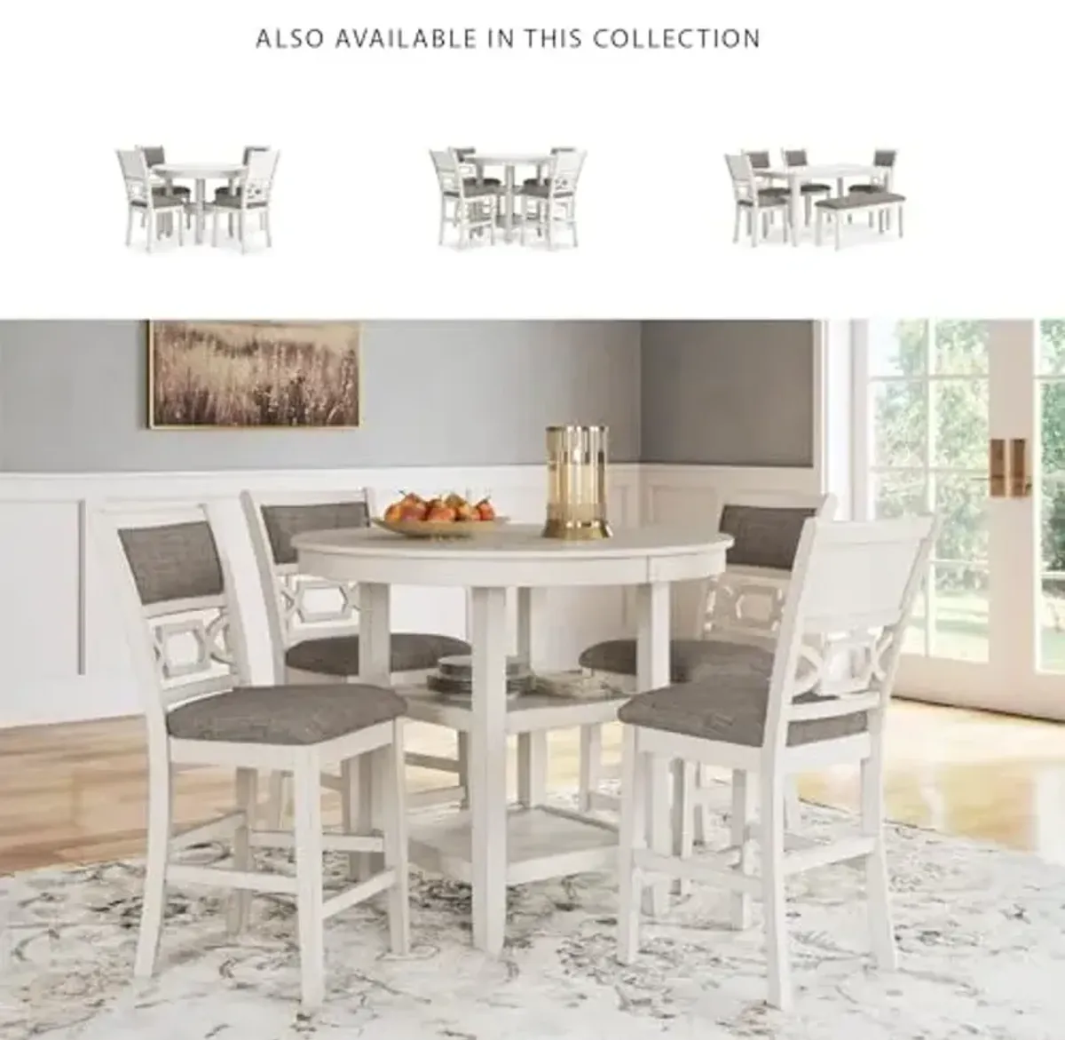 Signature Design by Ashley Erinberg Casual Counter Height Dining Table and 4 Armless Upholstered Bar Stools with Footrest and 2 Shelves, Set of 5, White & Light Gray