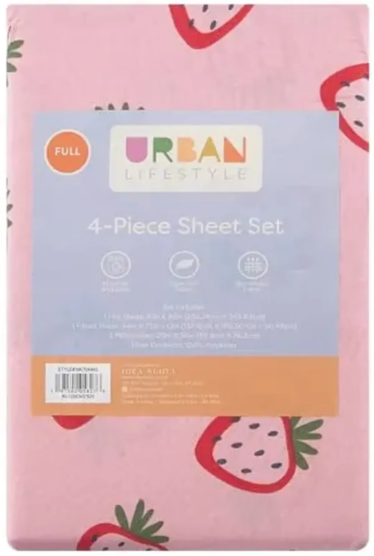 Urban Lifestyle 4 Piece Sheet Set, Including Top Sheet, Fitted Sheet and 2 Pillow Cases, Pink Strawberry, Full