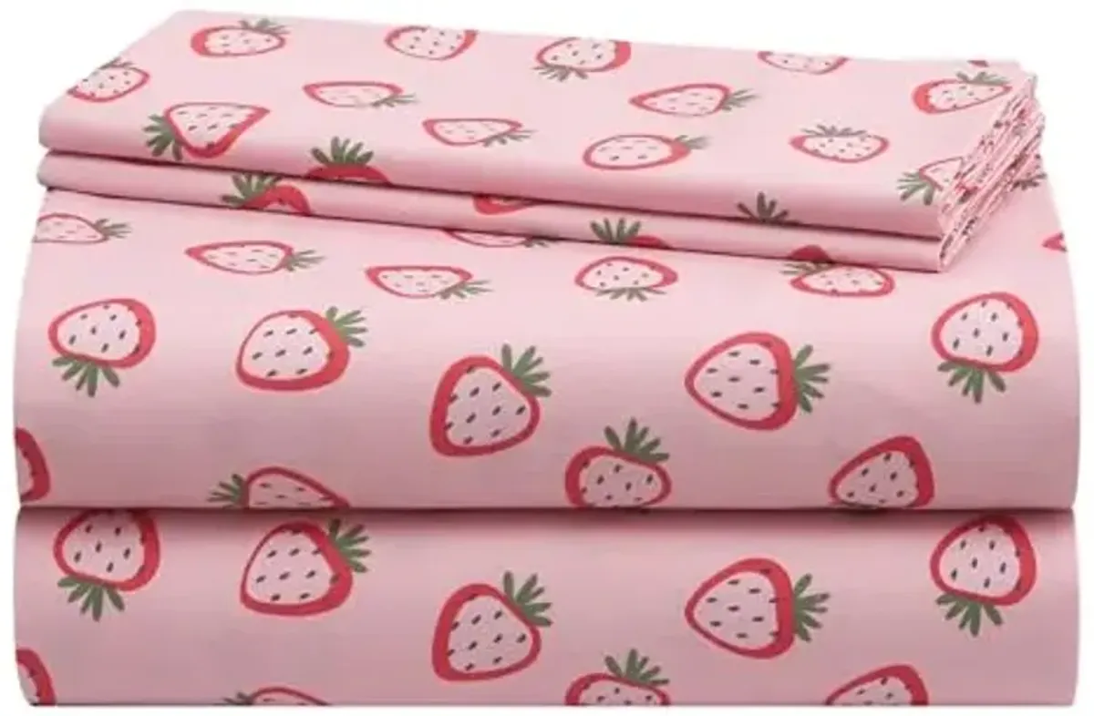 Urban Lifestyle 4 Piece Sheet Set, Including Top Sheet, Fitted Sheet and 2 Pillow Cases, Pink Strawberry, Full