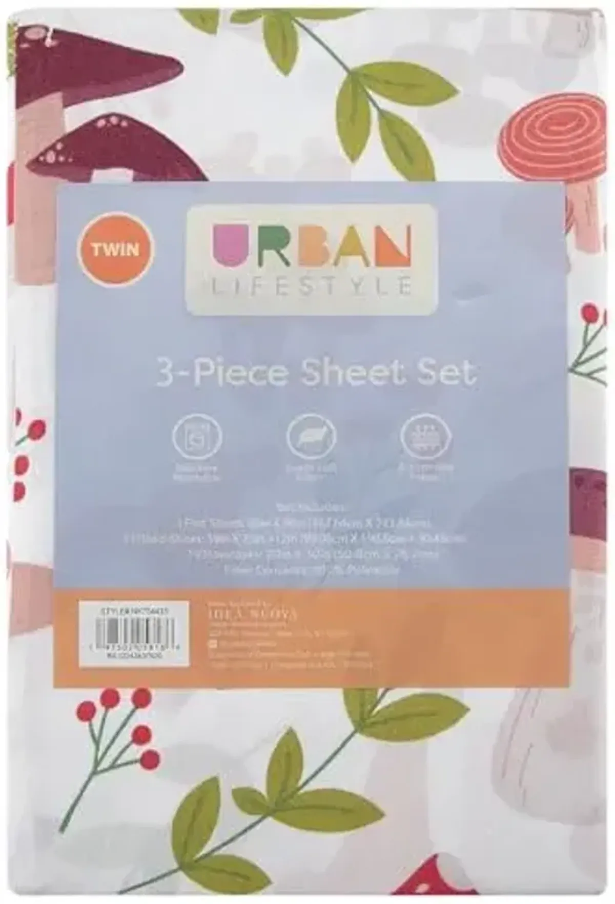 Urban Lifestyle 3 Piece Sheet Set, Including Top Sheet, Fitted Sheet and Pillow Case, Wild Mushroom Print, Twin