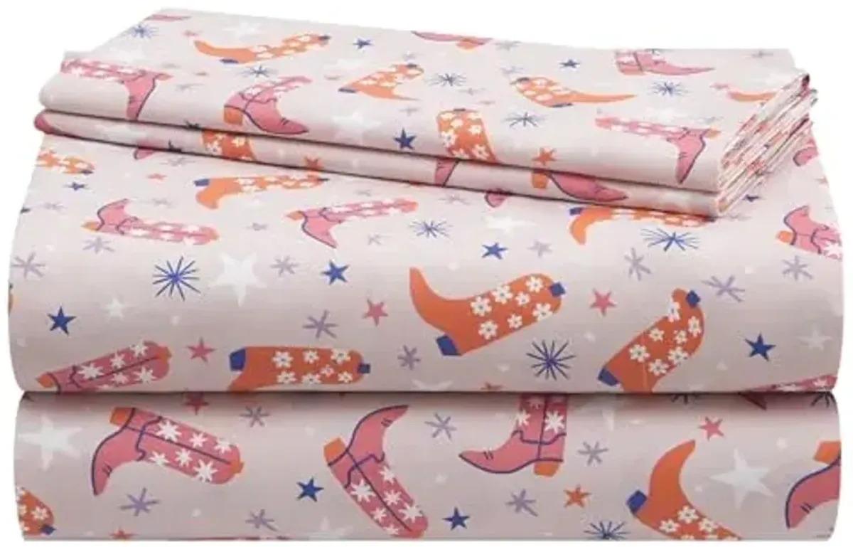 Urban Lifestyle 4 Piece Sheet Set, Including Top Sheet, Fitted Sheet and 2 Pillow Cases, Western Cowboy Boot, Queen